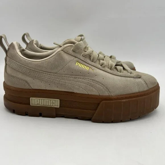 Puma Mayze Platform Beige Brushed Suede Sneakers Size 8.5 - Picture 3 of 12